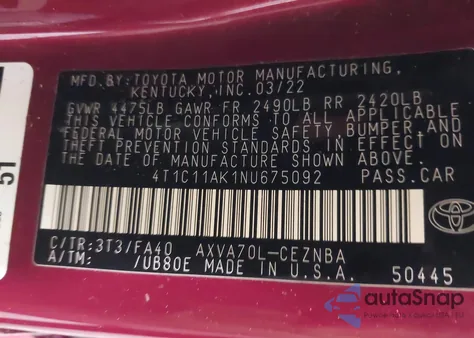2022 Toyota Camry Le z USA, uszkodzony, nr VIN 4T1C11AK1NU675092